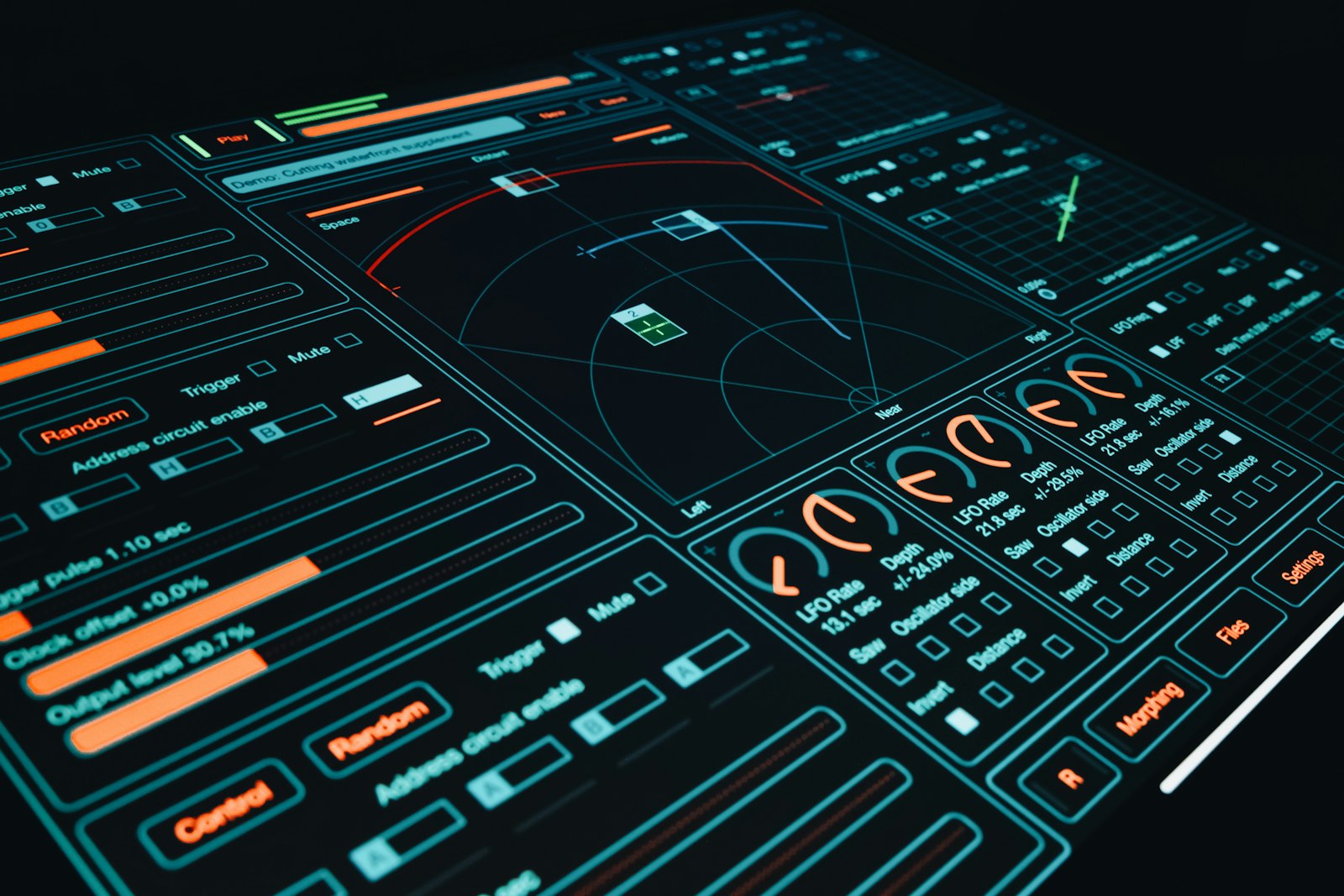 A futuristic high-tech dashboard displaying intricate real-time AI performance metrics, data visualizations with glowing lines and teal nodes.